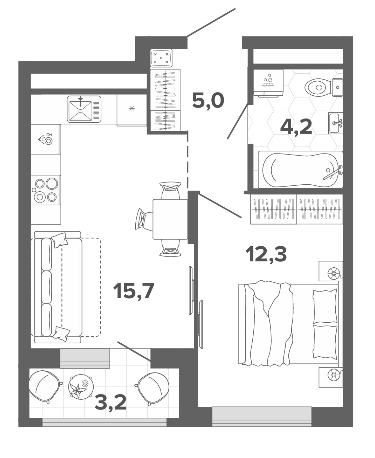 Планировка 2Е-к.кв, 41,1 м² в ЖК Каменные палатки